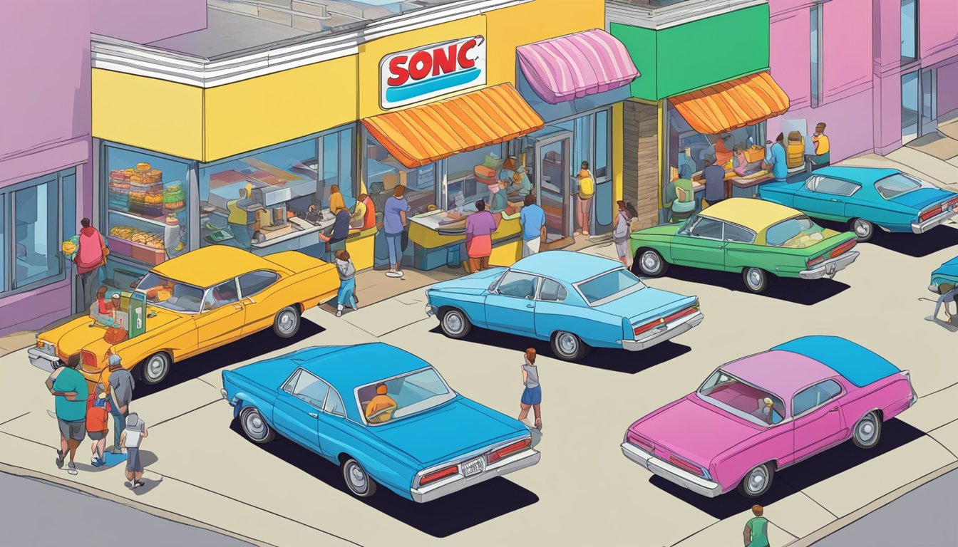 A bustling drive-thru with cars lined up, as customers eagerly reach for their colorful Sonic breakfast slushes from the window