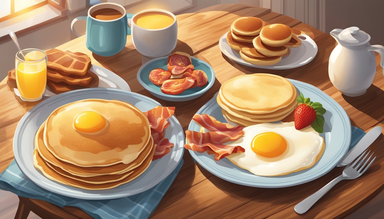 A table set with a variety of breakfast foods: pancakes, eggs, bacon, and fruit, illuminated by a warm, cozy light