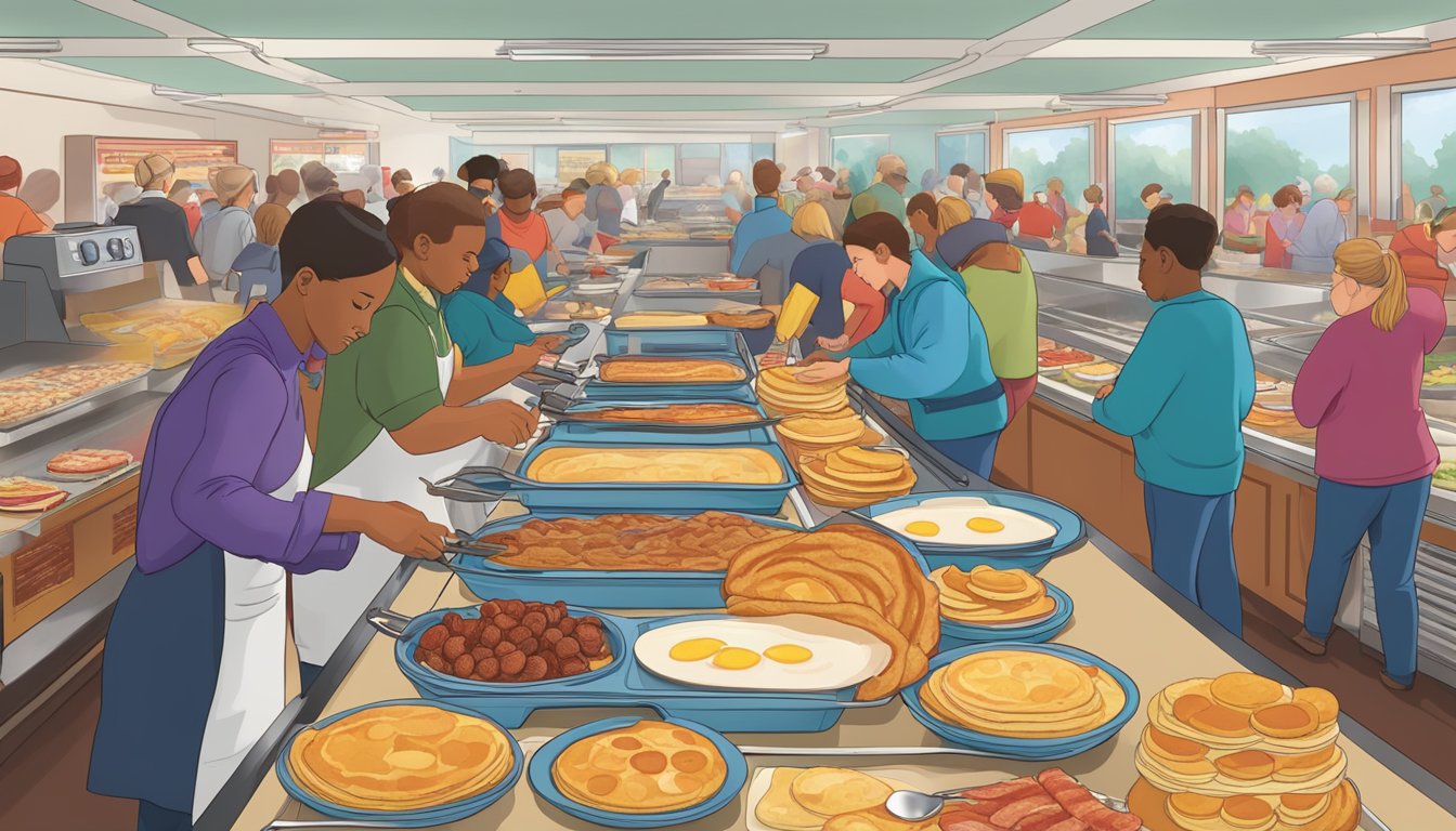 A bustling breakfast buffet at Golden Corral, with steaming trays of pancakes, sizzling bacon, and fresh fruit, as eager customers line up to fill their plates