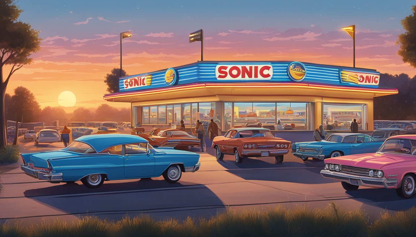 A bustling Sonic drive-in at sunset, with a neon sign advertising "Breakfast for Dinner" and cars lined up for extended breakfast hours