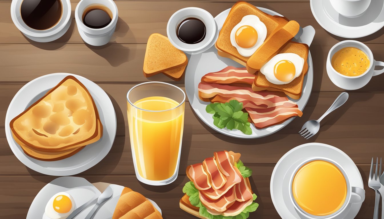 A table set with a variety of breakfast foods including eggs, bacon, fruit, and toast, with a glass of orange juice and a cup of coffee