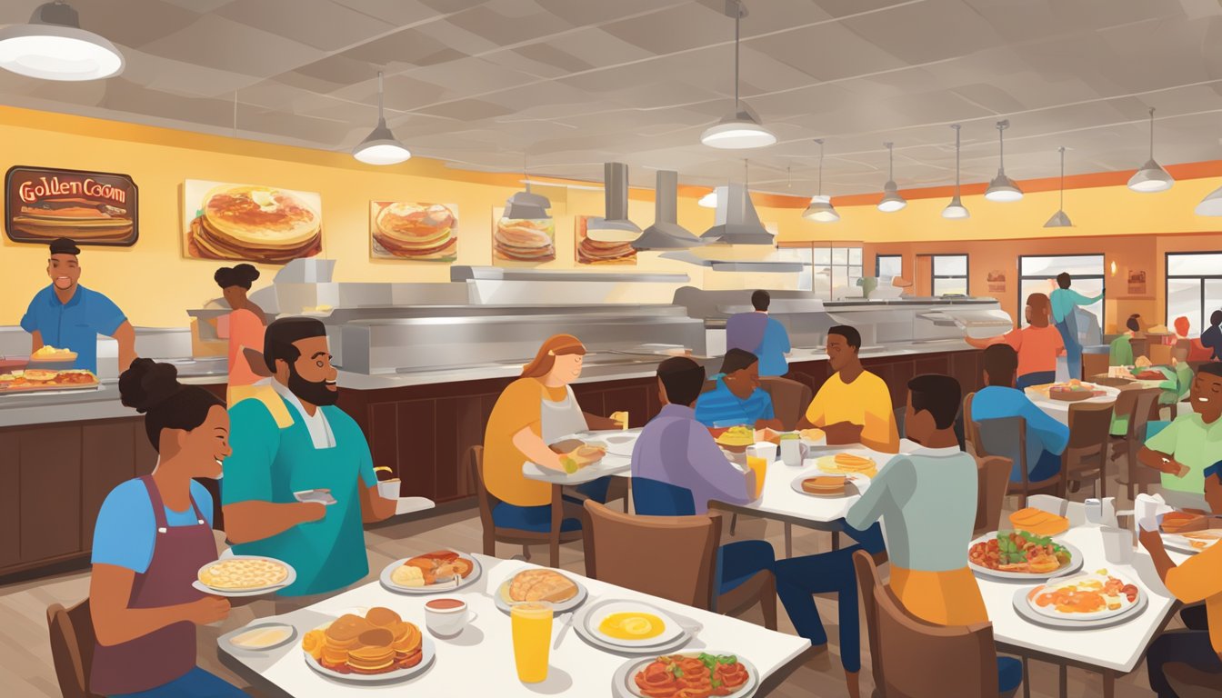 A bustling breakfast buffet at Golden Corral, with steaming trays of eggs, bacon, and pancakes, surrounded by happy customers enjoying the value and savings of the new dining experience