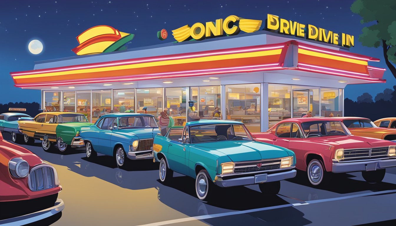 A bustling Sonic drive-in at night, with cars lined up under bright lights, customers enjoying breakfast items in their vehicles