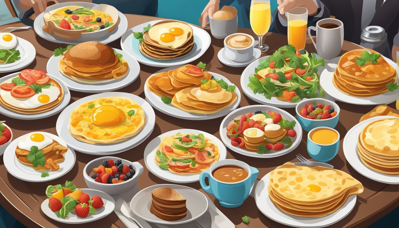 A bustling breakfast buffet with a diverse array of dishes, from pancakes to omelets, set in a vibrant and inviting atmosphere