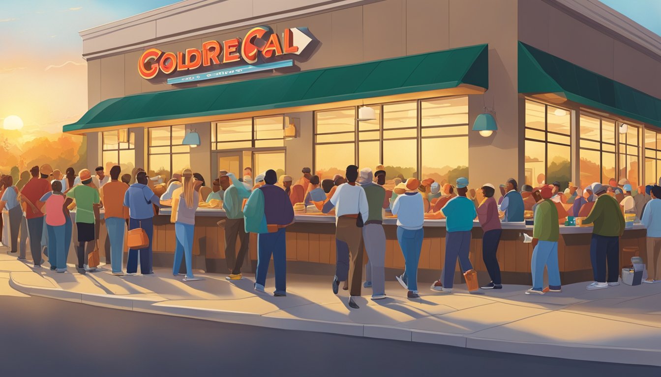 A bustling breakfast crowd gathers outside the first Golden Corral location, eager to experience the revolutionary all-you-can-eat buffet. The sun rises behind the building, casting a warm glow on the excited patrons