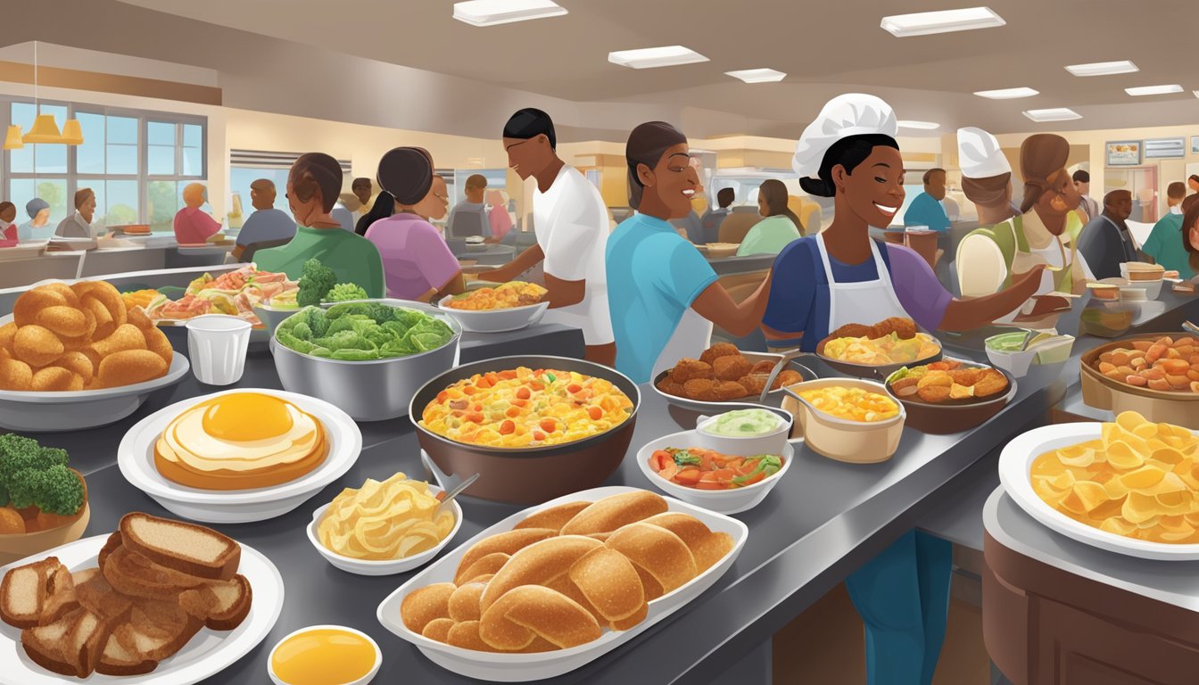 A bustling breakfast buffet at Golden Corral, with a diverse array of dishes and customers enjoying a hearty start to their day