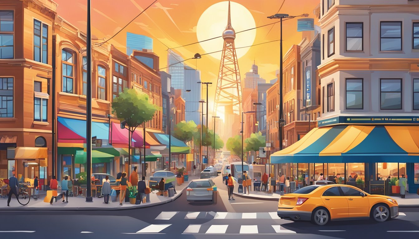 A bustling city street with a vibrant sunrise, featuring a mix of traditional and modern marketing elements such as a radio tower, social media icons, and a breakfast restaurant