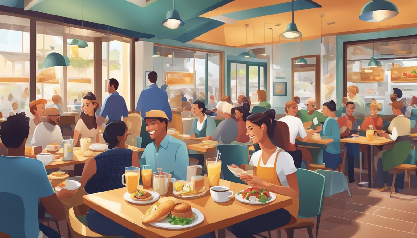 A bustling breakfast restaurant with a lively atmosphere, featuring a mix of traditional and modern marketing elements such as radio jingles and social media ads