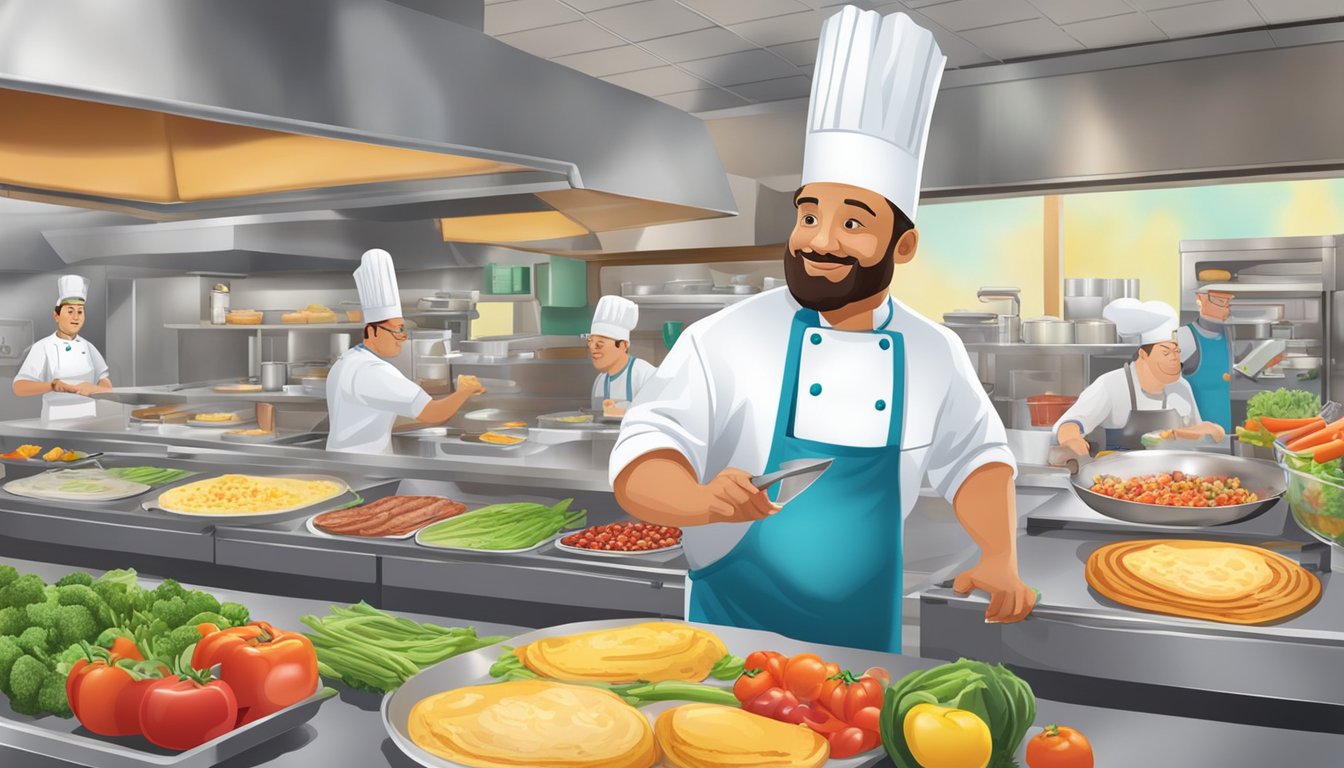 A chef prepares made-to-order omelets at a colorful station, surrounded by fresh vegetables, cheeses, and meats. Customers eagerly await their personalized breakfast creations