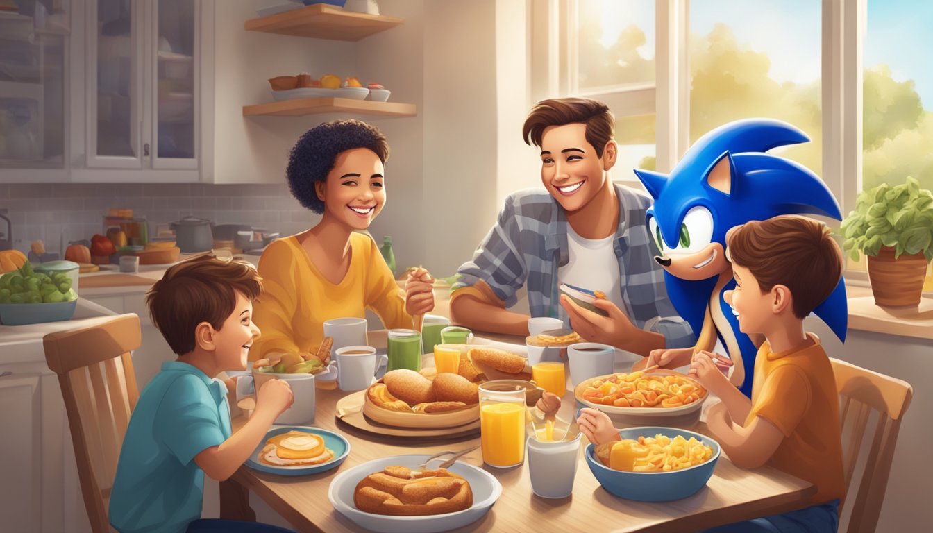 A cheerful breakfast scene with a family enjoying Sonic's food while engaging with social media and listening to the radio jingle in the background