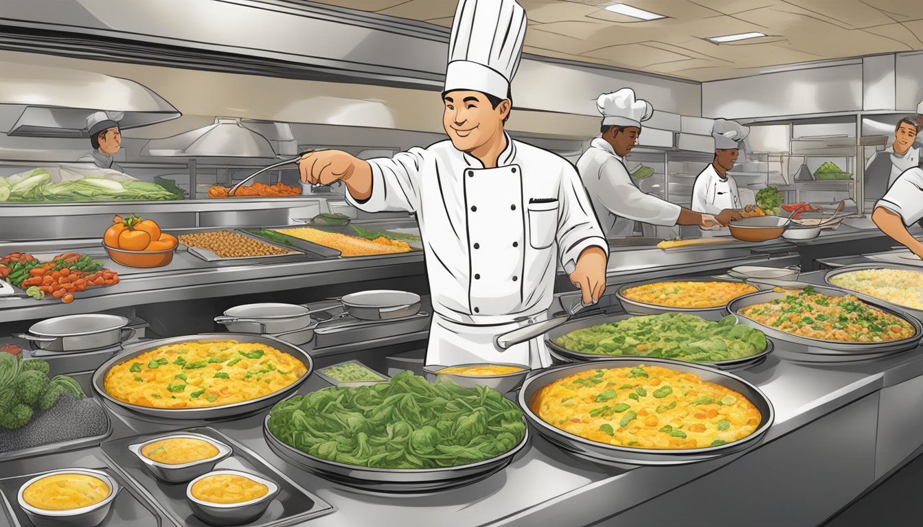 A chef prepares custom omelets at a bustling station, surrounded by fresh ingredients and a sign advertising pricing and promotions