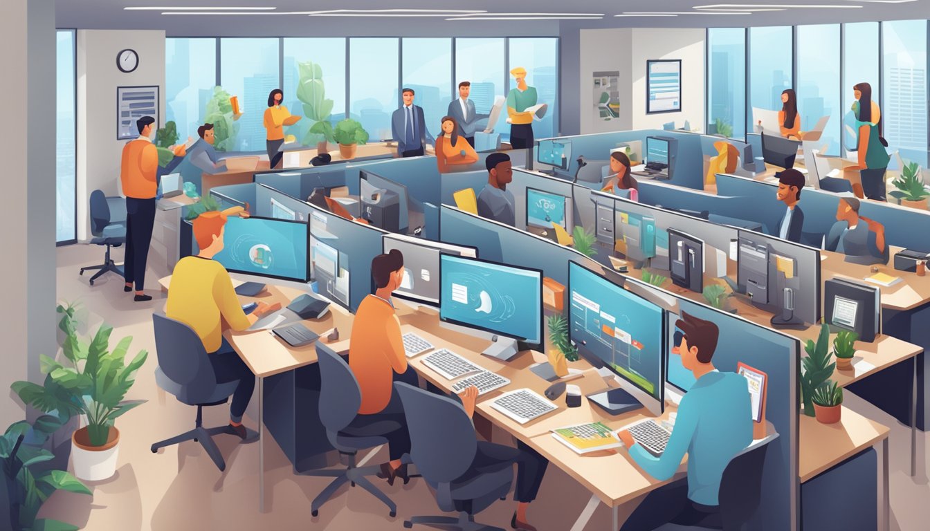 A bustling modern office with employees brainstorming, a radio playing a catchy jingle, and social media platforms displayed on computer screens