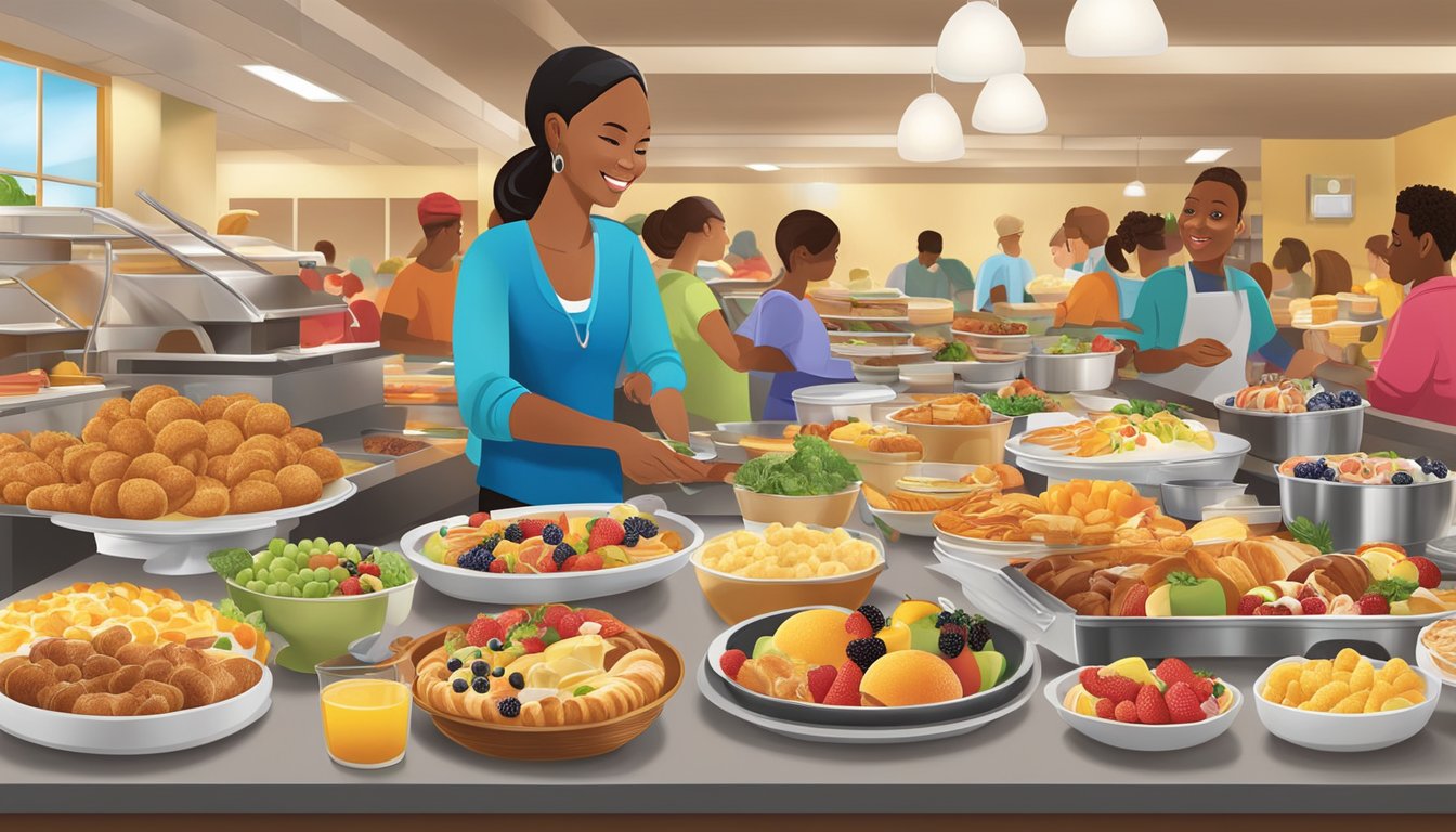 A bustling breakfast buffet at Golden Corral, featuring a variety of freshly made dishes and an array of colorful fruits and pastries