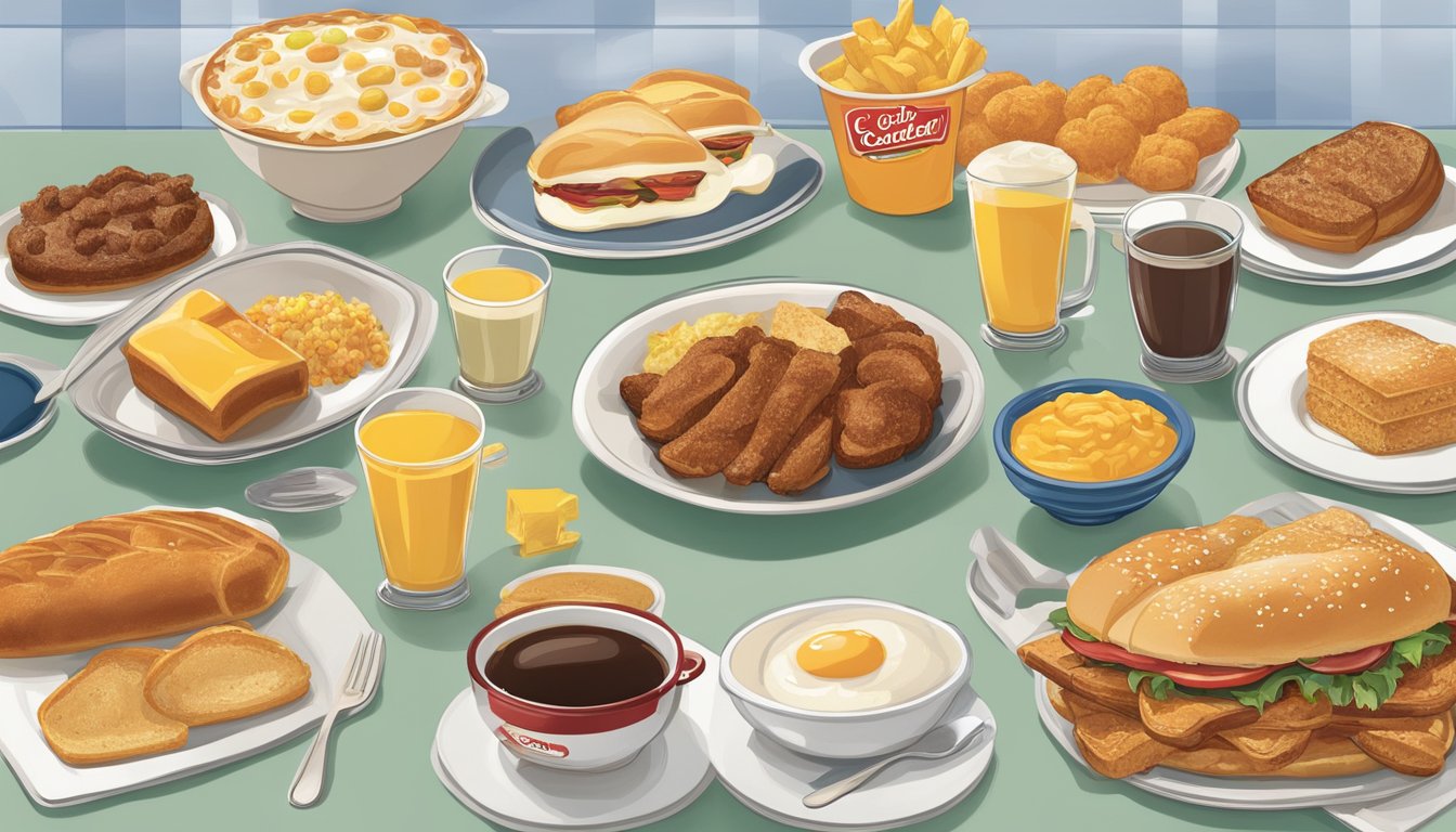 A timeline of Golden Corral's breakfast menu from past to present, with various food items and prices displayed