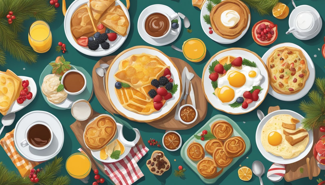 A colorful array of breakfast dishes and holiday-themed specials displayed on a table, surrounded by festive decorations and seasonal elements