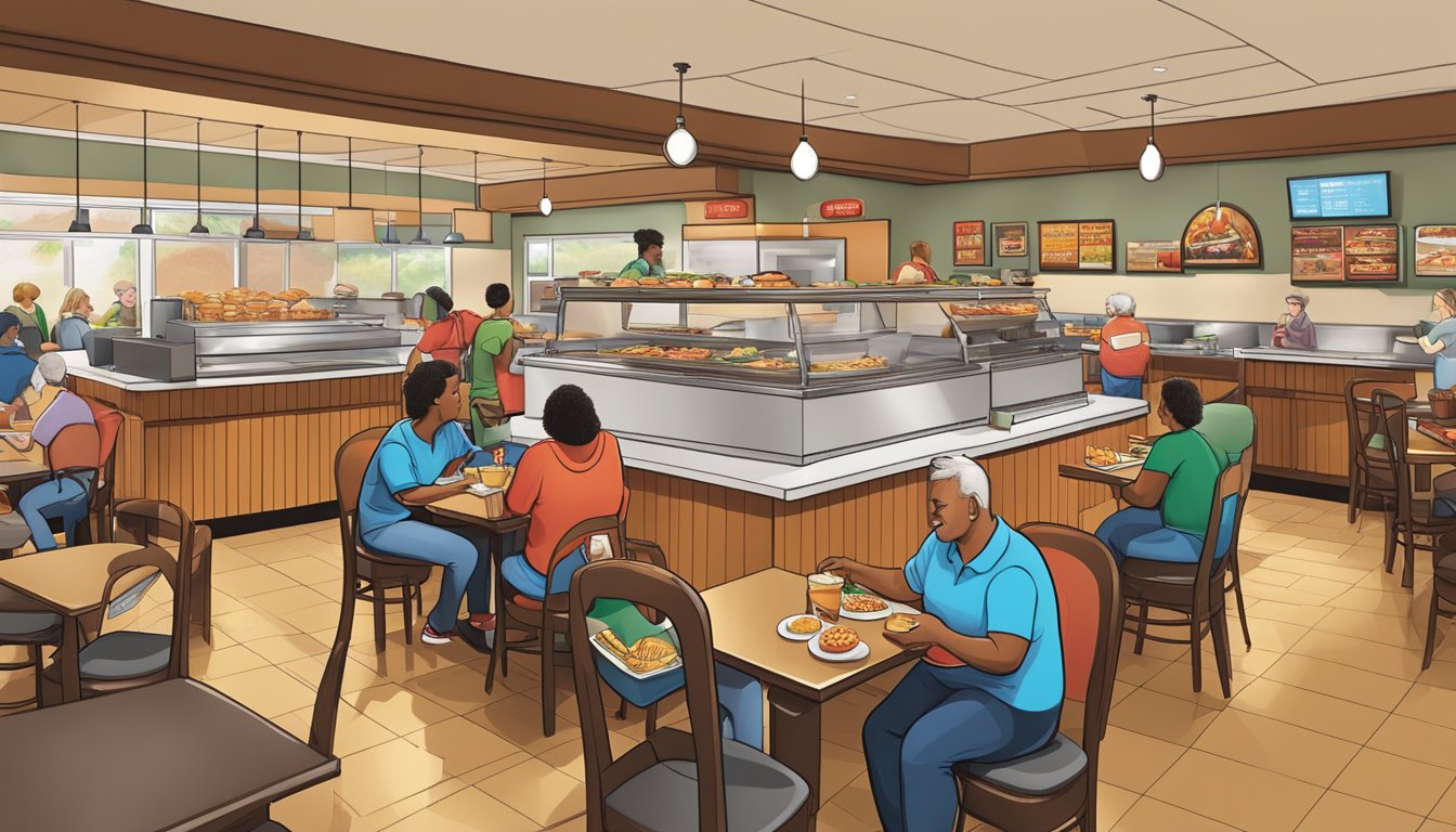 A bustling Golden Corral restaurant with a breakfast spread evolving over the years, showcasing various customer engagement strategies