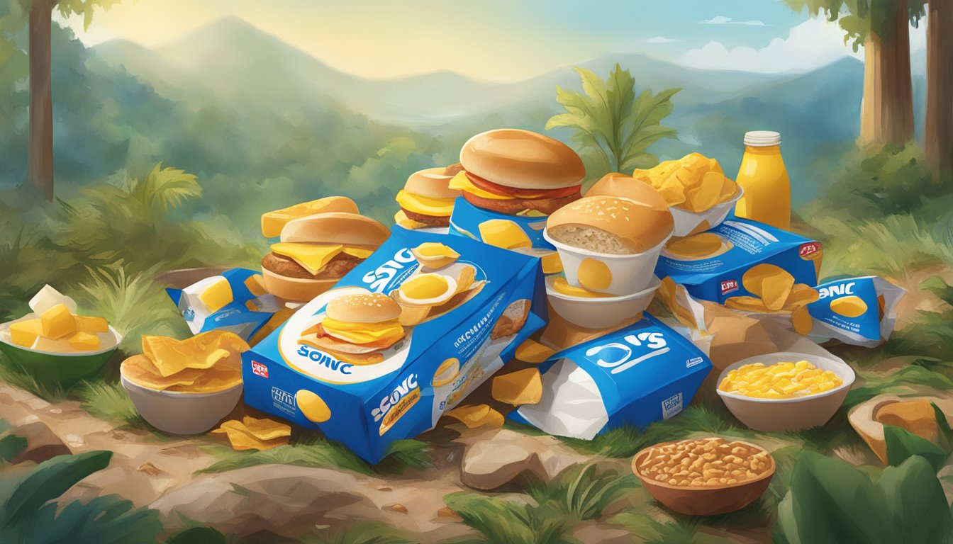 A pile of discarded Sonic breakfast packaging surrounded by littered natural surroundings