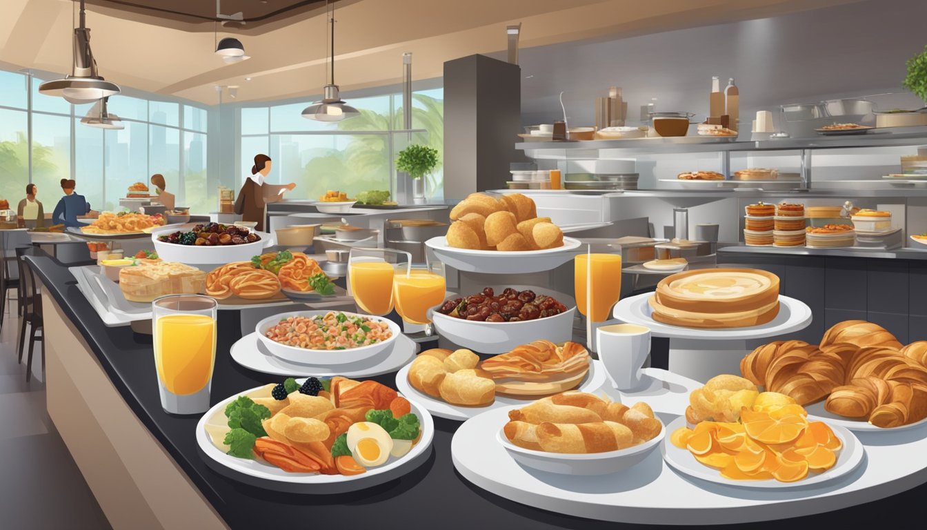 A bustling breakfast buffet with a variety of hot and cold dishes, pastries, and beverages. The restaurant's logo is prominently displayed in the background