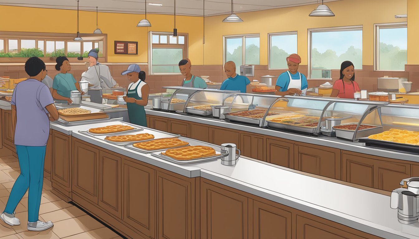 A bustling breakfast buffet at Golden Corral, with patrons serving themselves at the spread of pancakes, eggs, and bacon. Staff members circulate, clearing tables and refilling coffee cups