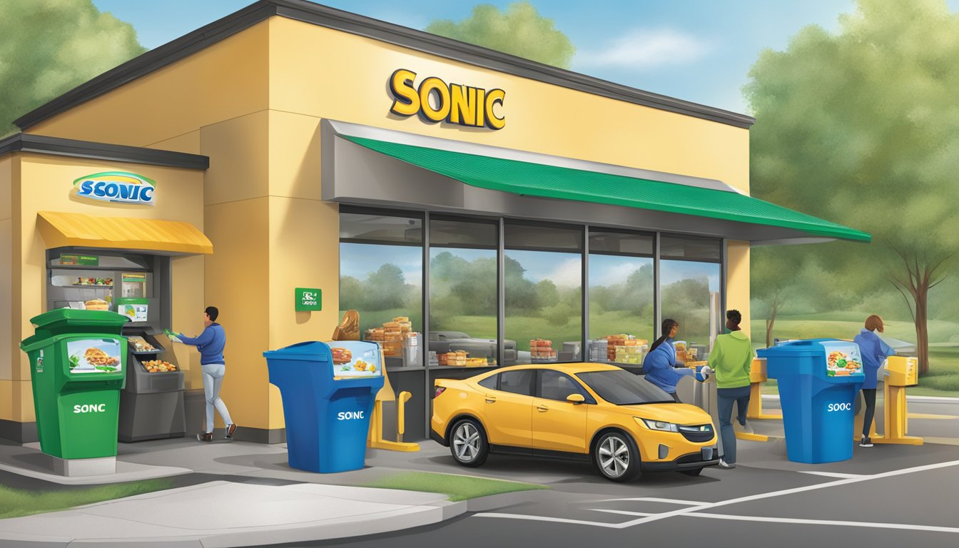 A bustling breakfast drive-thru with Sonic's eco-friendly packaging prominently displayed and customers disposing of their waste in designated recycling bins