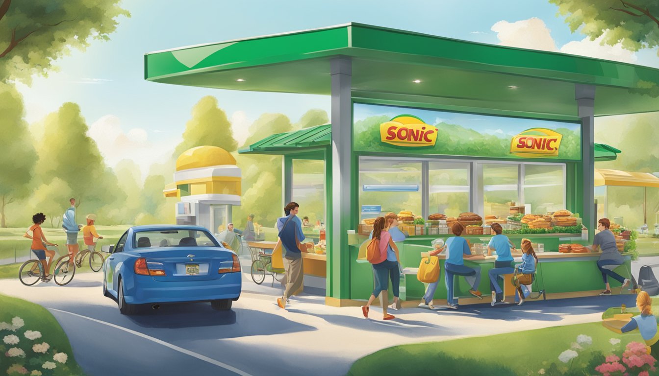 A bustling breakfast drive-thru with Sonic's eco-friendly packaging and happy customers enjoying their meals in a clean and green environment