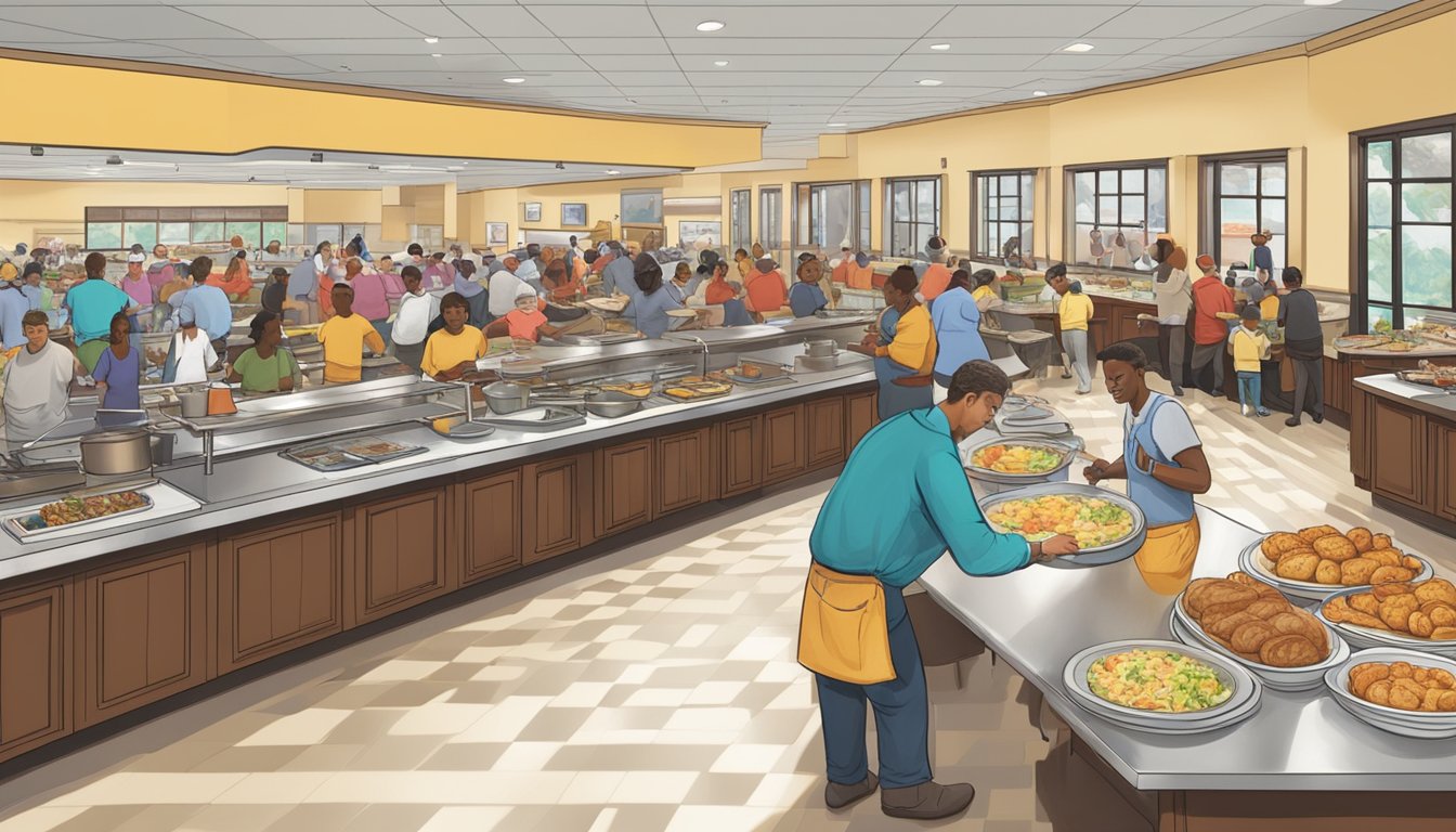 A bustling breakfast buffet at Golden Corral, with patrons filling their plates and servers clearing tables. Some guests follow proper etiquette, while others leave a mess behind