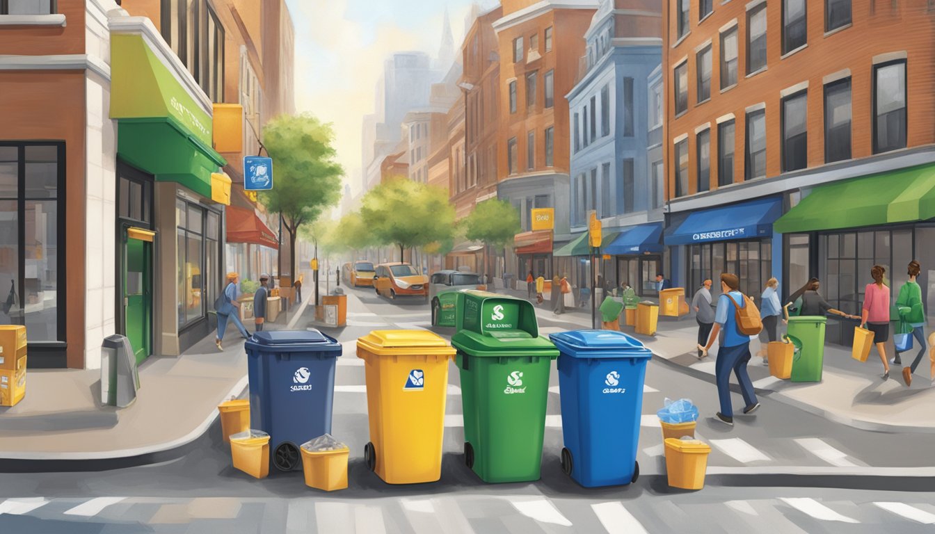 A bustling city street with a variety of waste bins and recycling containers, with Sonic's breakfast packaging being properly disposed of in the appropriate receptacles