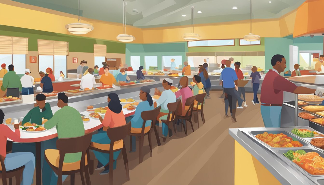 A bustling breakfast buffet at Golden Corral, with patrons serving themselves from a variety of hot and cold dishes. Tables are filled with people enjoying their meals