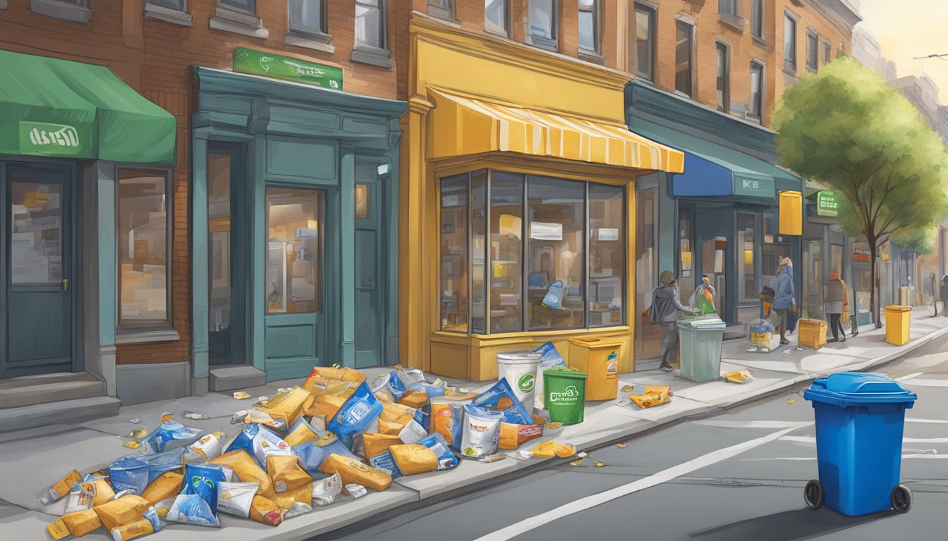 A bustling city street with discarded Sonic breakfast packaging littering the sidewalk, while a recycling bin overflows with similar items