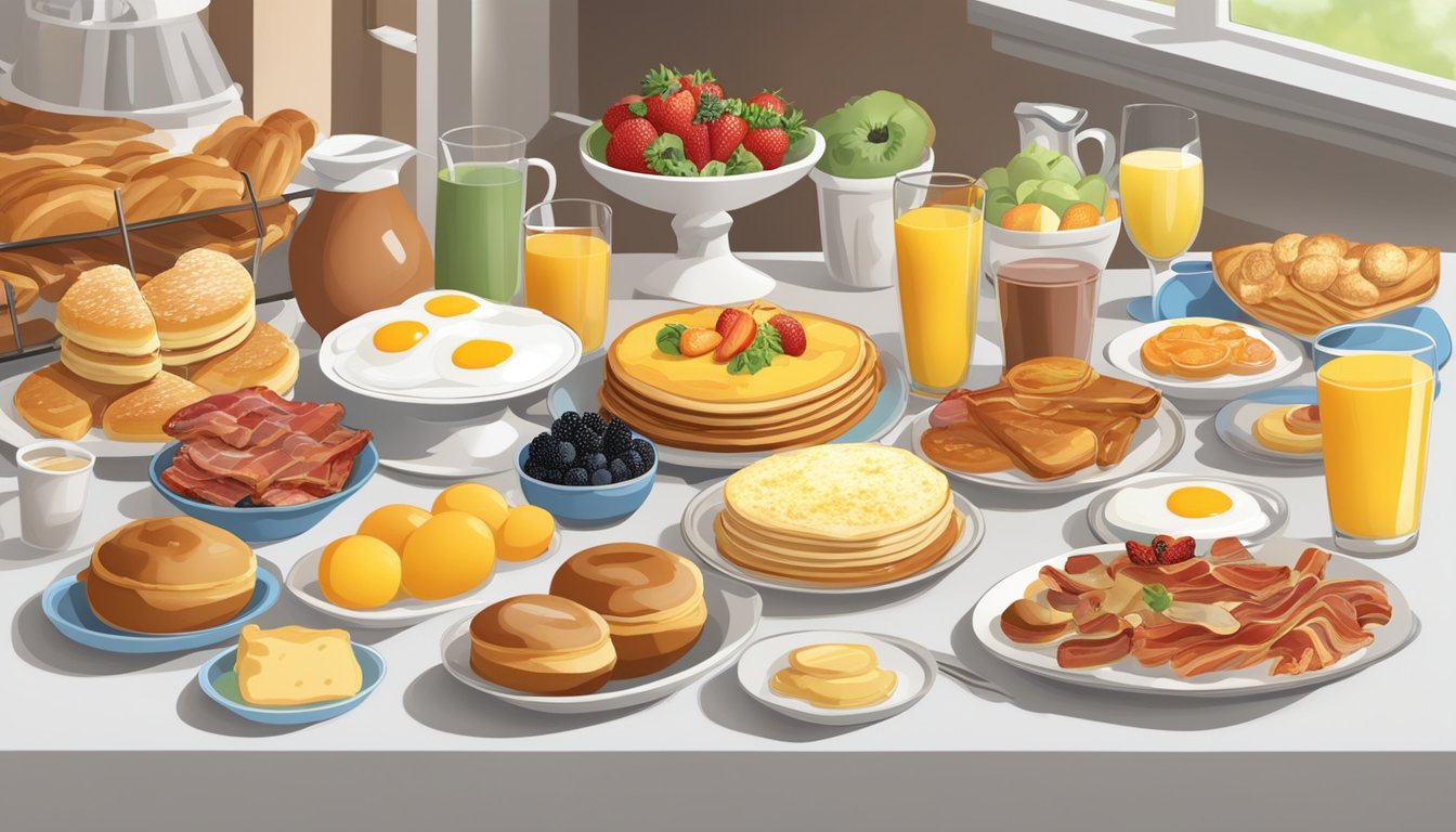 A colorful array of breakfast foods including eggs, bacon, pancakes, fruit, and pastries arranged on a buffet table with nutritional information displayed