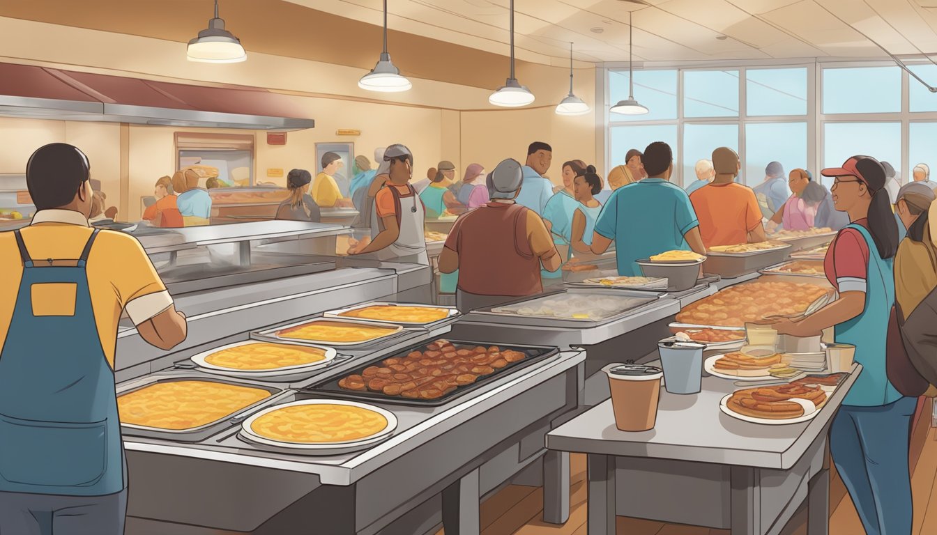 A bustling breakfast buffet at Golden Corral, with steam rising from trays of eggs, bacon, and pancakes. Customers line up, eager to fill their plates