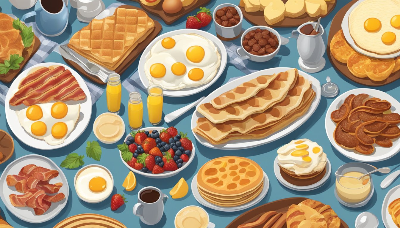 A spread of breakfast items including eggs, bacon, sausage, pancakes, fruit, and pastries arranged on a buffet table