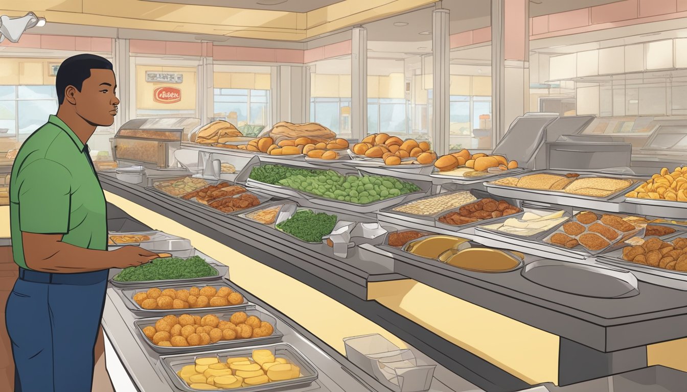 A nutritionist surveys a breakfast buffet at Golden Corral, noting various dietary options and restrictions