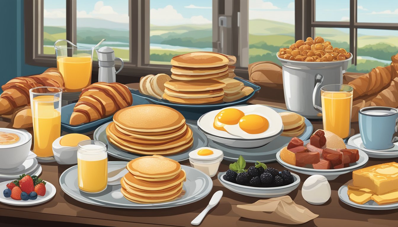 A variety of breakfast foods displayed on a buffet table, including pancakes, eggs, bacon, fruit, and pastries. A nutrition label is prominently featured on each item