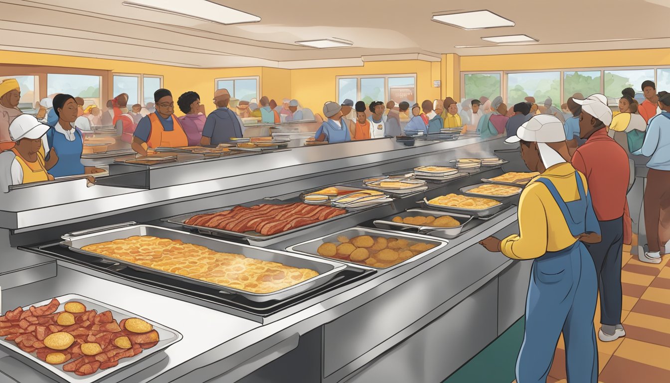 A bustling breakfast buffet at Golden Corral, with steam rising from trays of bacon, eggs, and pancakes. Customers line up eagerly, while staff replenish the spread