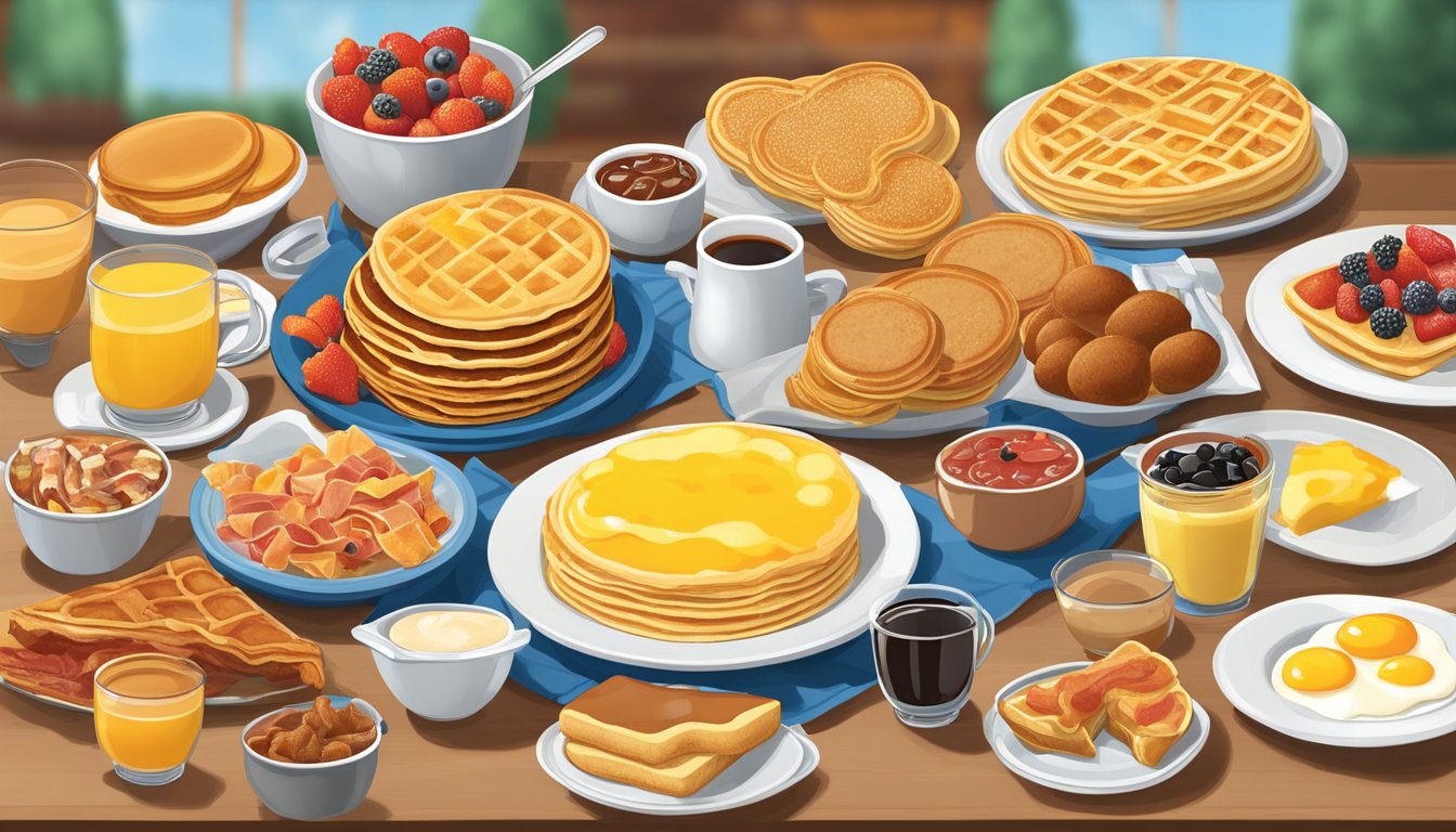 A colorful array of breakfast foods, from pancakes and waffles to eggs and bacon, displayed on a buffet table at Golden Corral