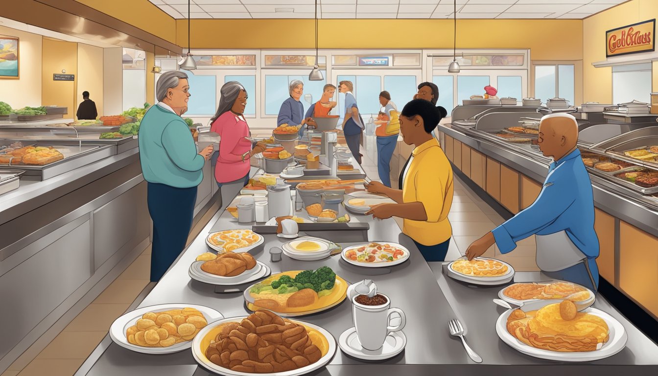 A bustling breakfast scene at Golden Corral, with steaming food on the buffet and customers enjoying a morning feast