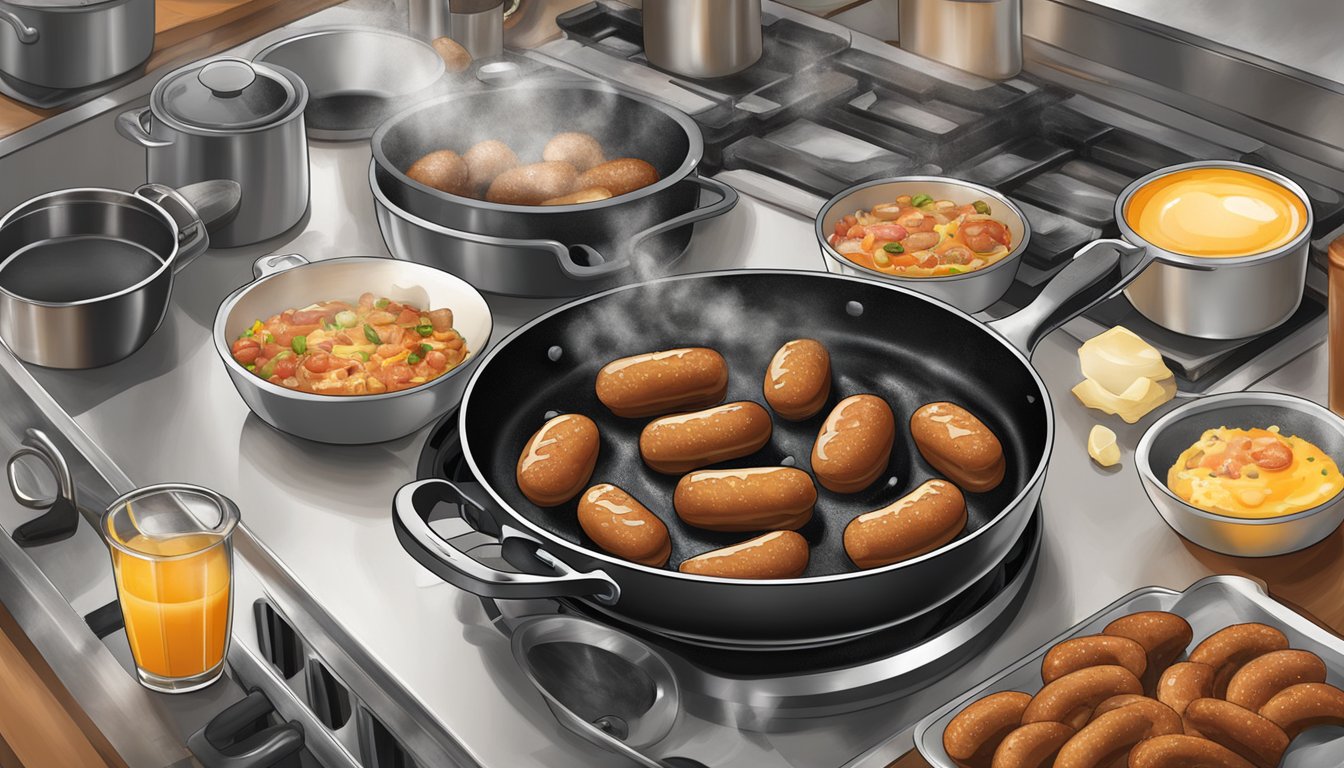 A sizzling skillet of breakfast sausages being carefully prepared by a chef in a bustling kitchen surrounded by pots, pans, and cooking utensils