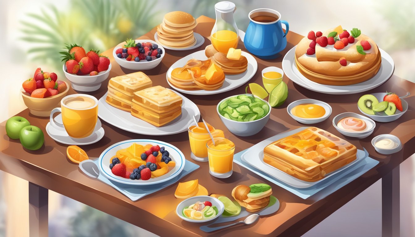 A colorful breakfast spread with steaming hot dishes and a variety of fresh fruits and pastries, surrounded by promotional signs and discount offers