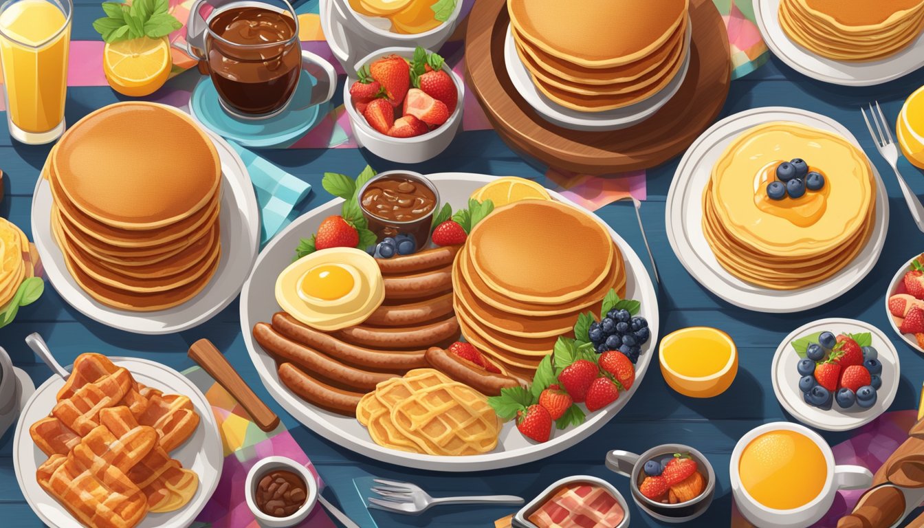 A sizzling skillet of golden-brown breakfast sausages surrounded by an array of fluffy pancakes, crispy bacon, and colorful fruit on a vibrant breakfast buffet