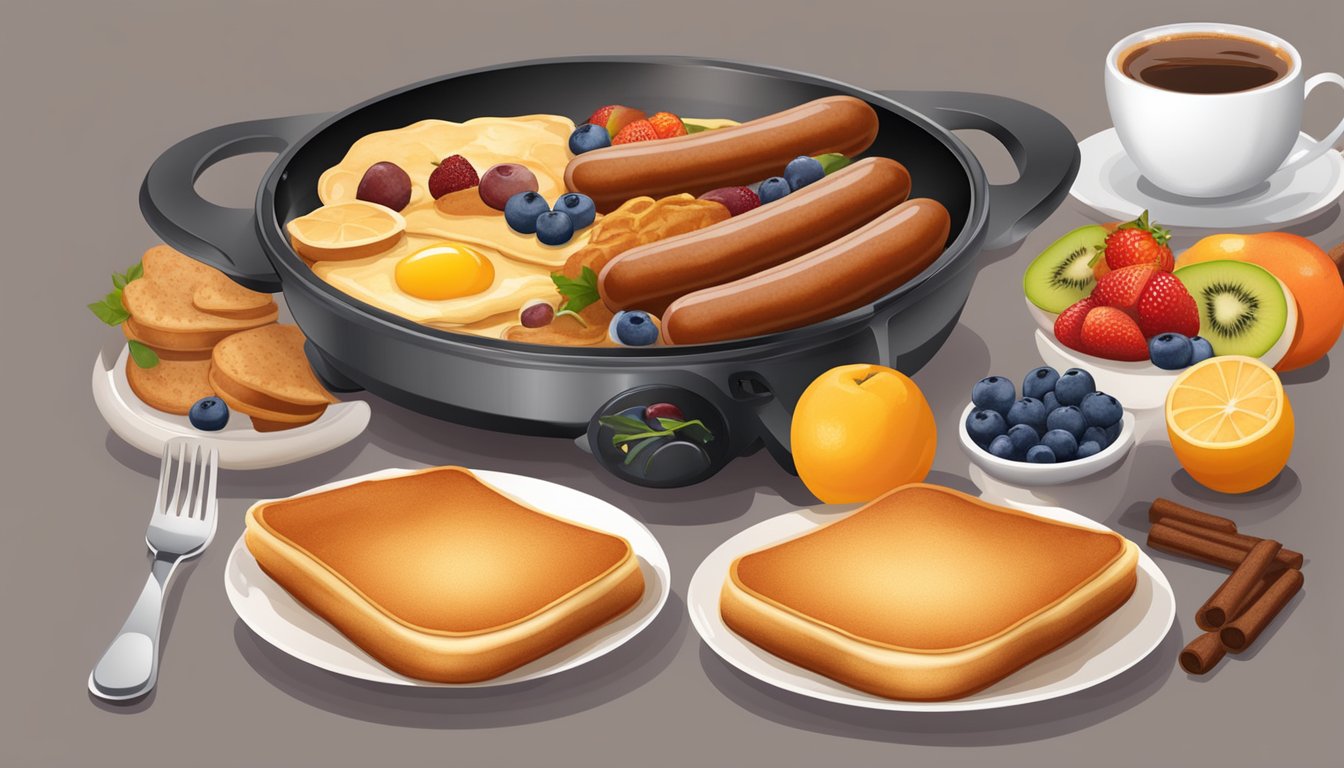 A sizzling skillet of golden-brown breakfast sausages surrounded by a variety of fresh fruits, fluffy pancakes, and steaming hot coffee