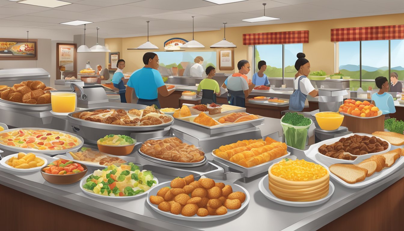 A bustling breakfast buffet at Golden Corral, with a diverse spread of food and a prominent loyalty program sign