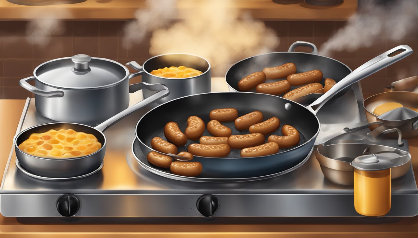 A sizzling skillet of golden-brown breakfast sausages being prepared on a hot griddle, surrounded by steaming pots and pans in a bustling kitchen