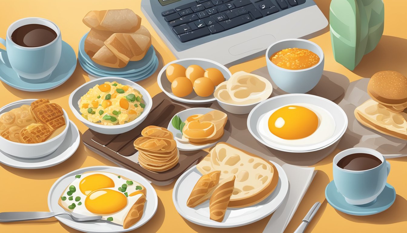 A table set with a variety of breakfast foods, a loyalty card, and a calculator with the total savings displayed