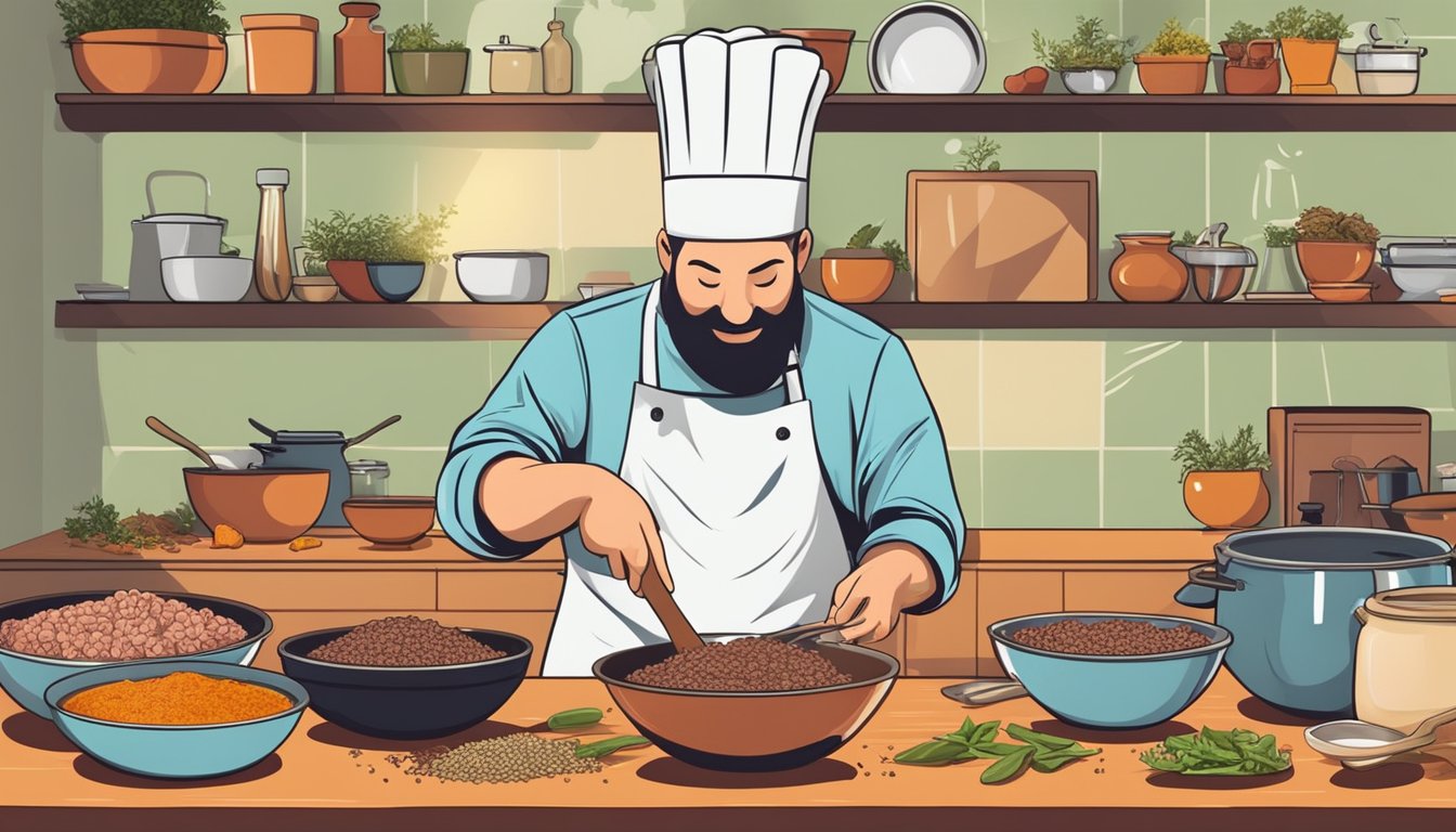 A chef mixing a blend of spices and ground meat in a large bowl, surrounded by various ingredients and kitchen utensils on a wooden countertop