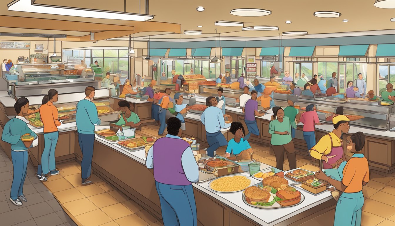 A bustling breakfast buffet at Golden Corral, with a sign advertising the Breakfast Loyalty Program and special offers. Tables filled with satisfied customers enjoying their meals