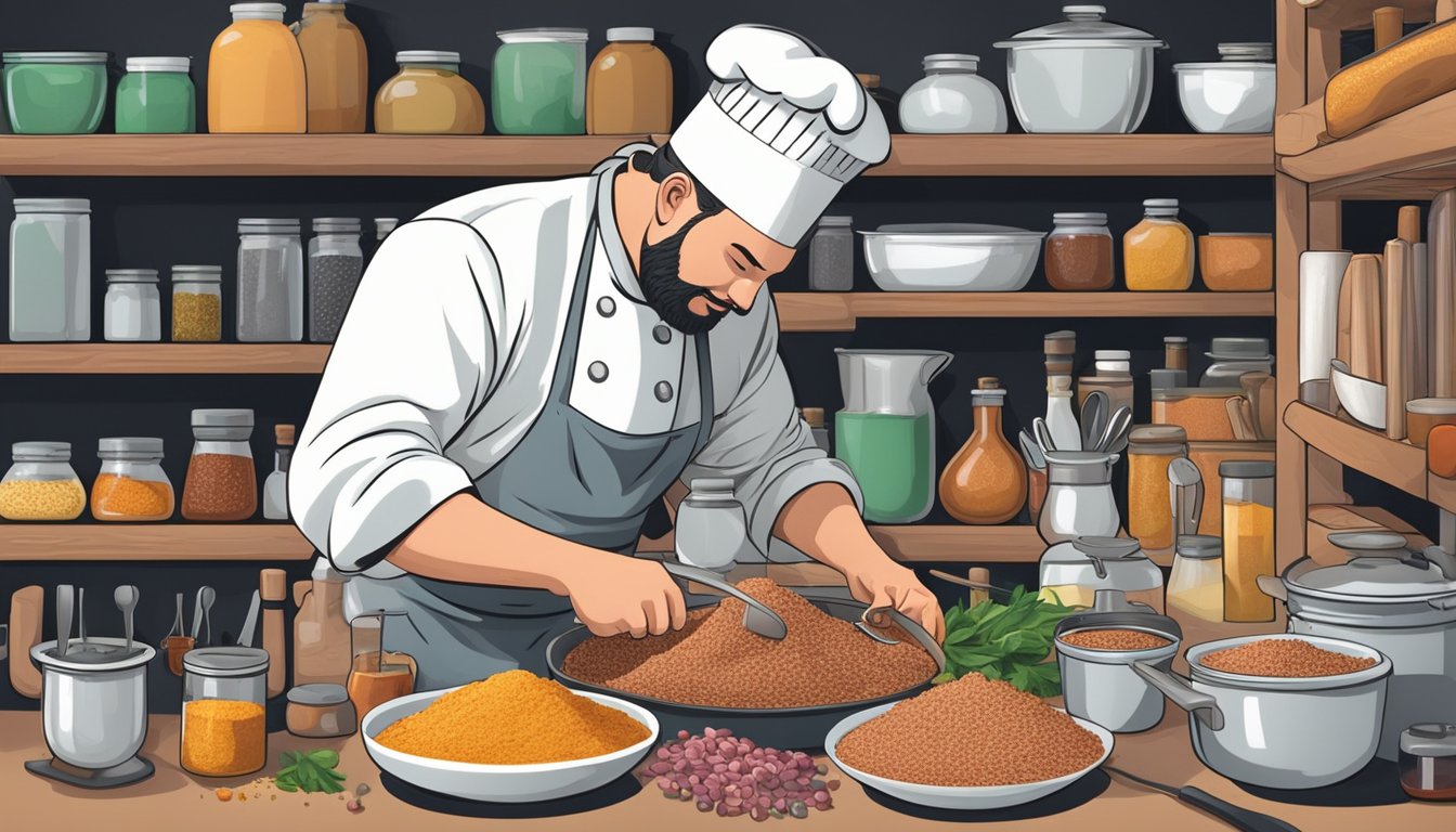 A chef mixing spices into ground pork, surrounded by shelves of ingredients and cooking utensils