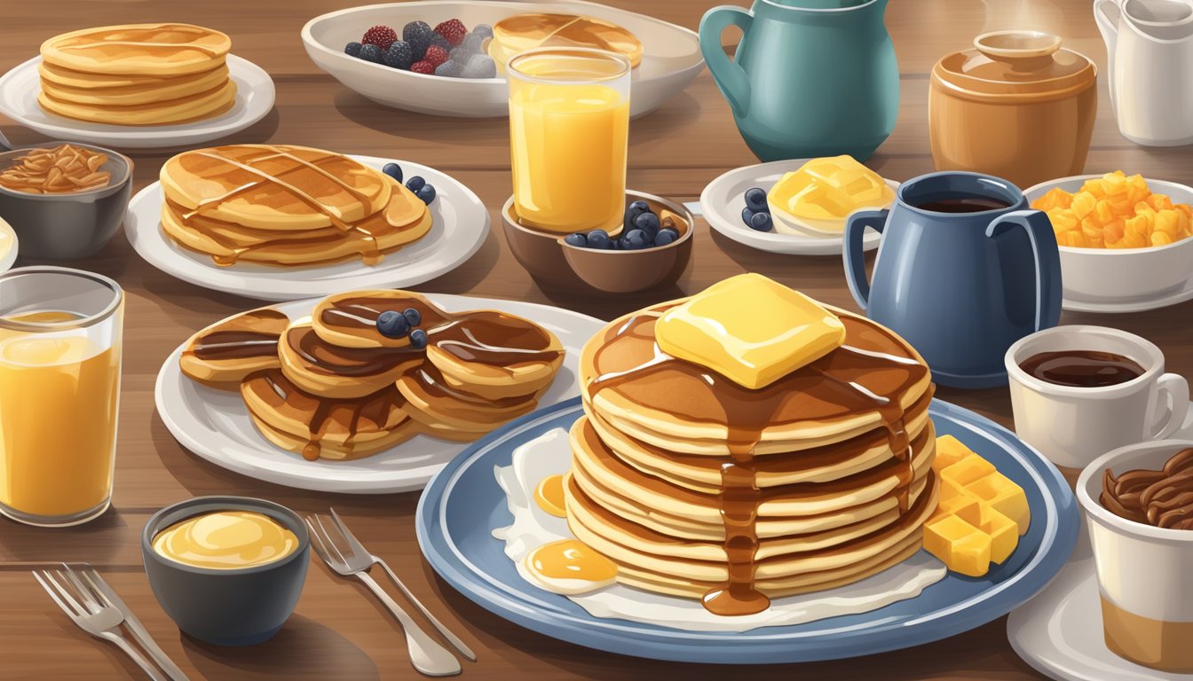 A stack of fluffy pancakes with a pat of melting butter and a drizzle of syrup on a plate, surrounded by a variety of breakfast buffet items at Golden Corral