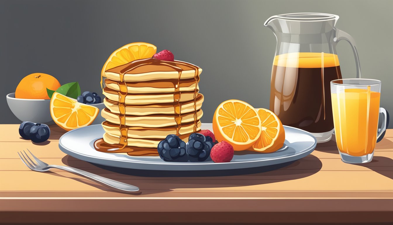 A stack of fluffy pancakes topped with fresh fruit and syrup on a plate next to a glass of orange juice and a cup of coffee