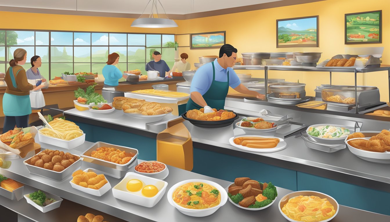 A bustling breakfast buffet at Golden Corral, featuring a variety of specialty stations and unique dishes